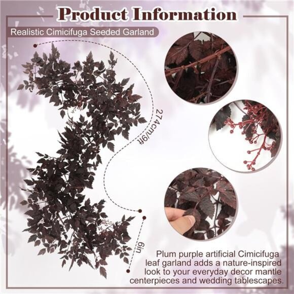 New 2 Pcs Plum Cimicifuga Seeded Garland Fall Leaf Garland Artificial - Picture 2 of 7